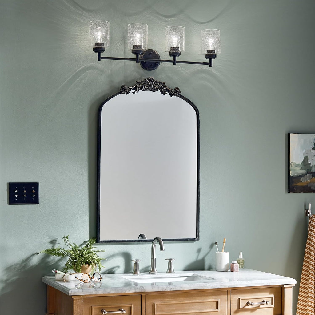 Kichler Winslow 30' 4-Light Bathroom Vanity Light Fixture with Clear Seeded Glass in Black, Modern Industrial Style for Bathroom and Powder Room, (30' x 9.25' x 6.5'), 45887BK