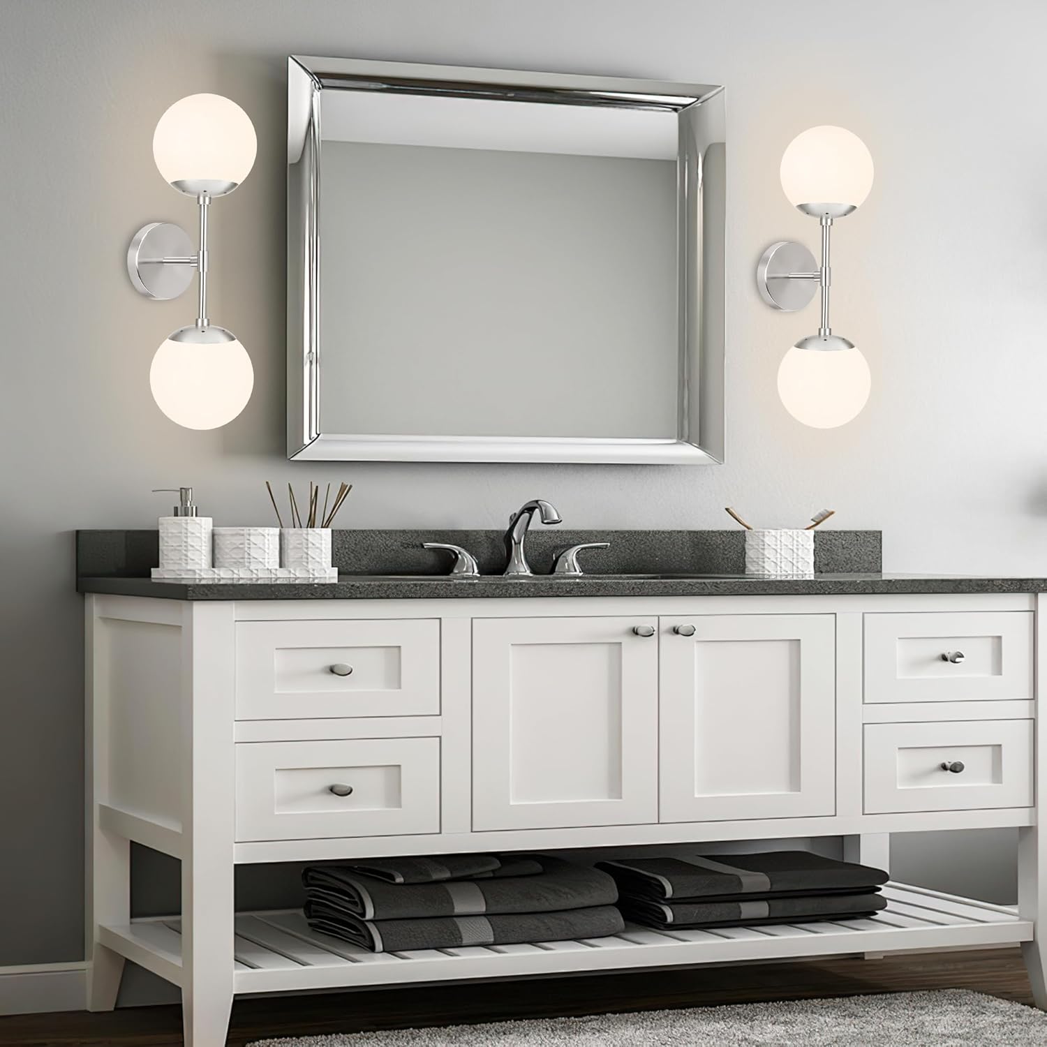 KoKo&Yukina Nickel 2 Pack Vanity Light Fixtures Mid Century Modern Bathroom Vanity Light Globe Sconce with Milky White Glass for Bathroom Bedroom