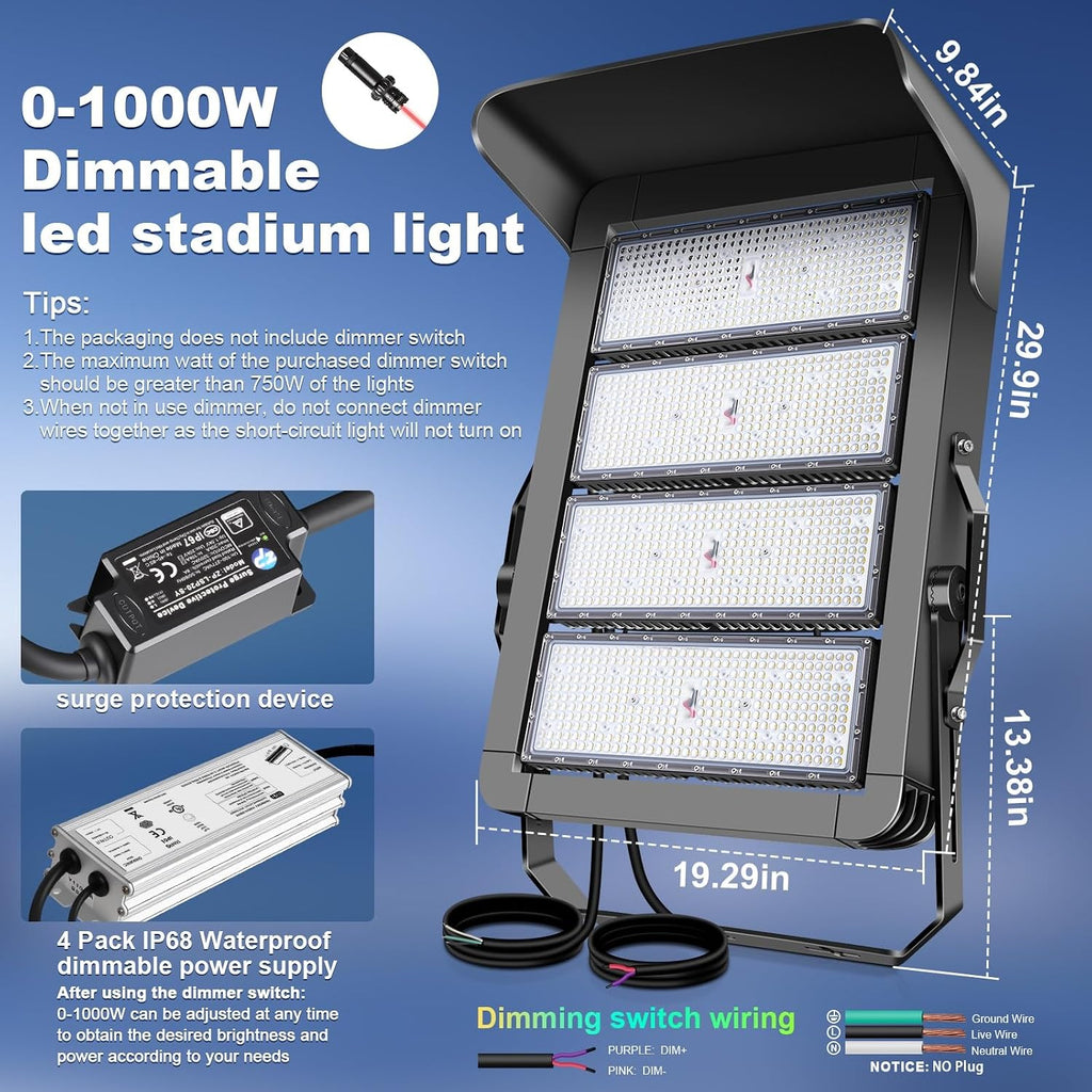 0-150000LM Led Stadium Lights Outdoor Dimmable 0-1000w Super Bright Led Arena Flood Light 100-277v 5000k Yoke Mount IP66 Waterproof Pole Light Commercial for Square, Golf Court, Port