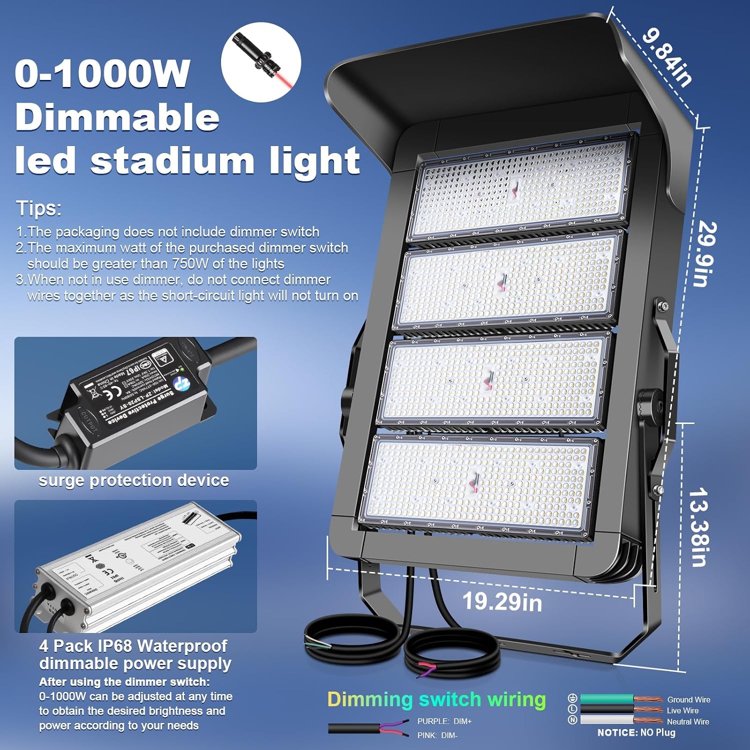0-150000LM Led Stadium Lights Outdoor Dimmable 0-1000w Super Bright Led Arena Flood Light 100-277v 5000k Yoke Mount IP66 Waterproof Pole Light Commercial for Square, Golf Court, Port