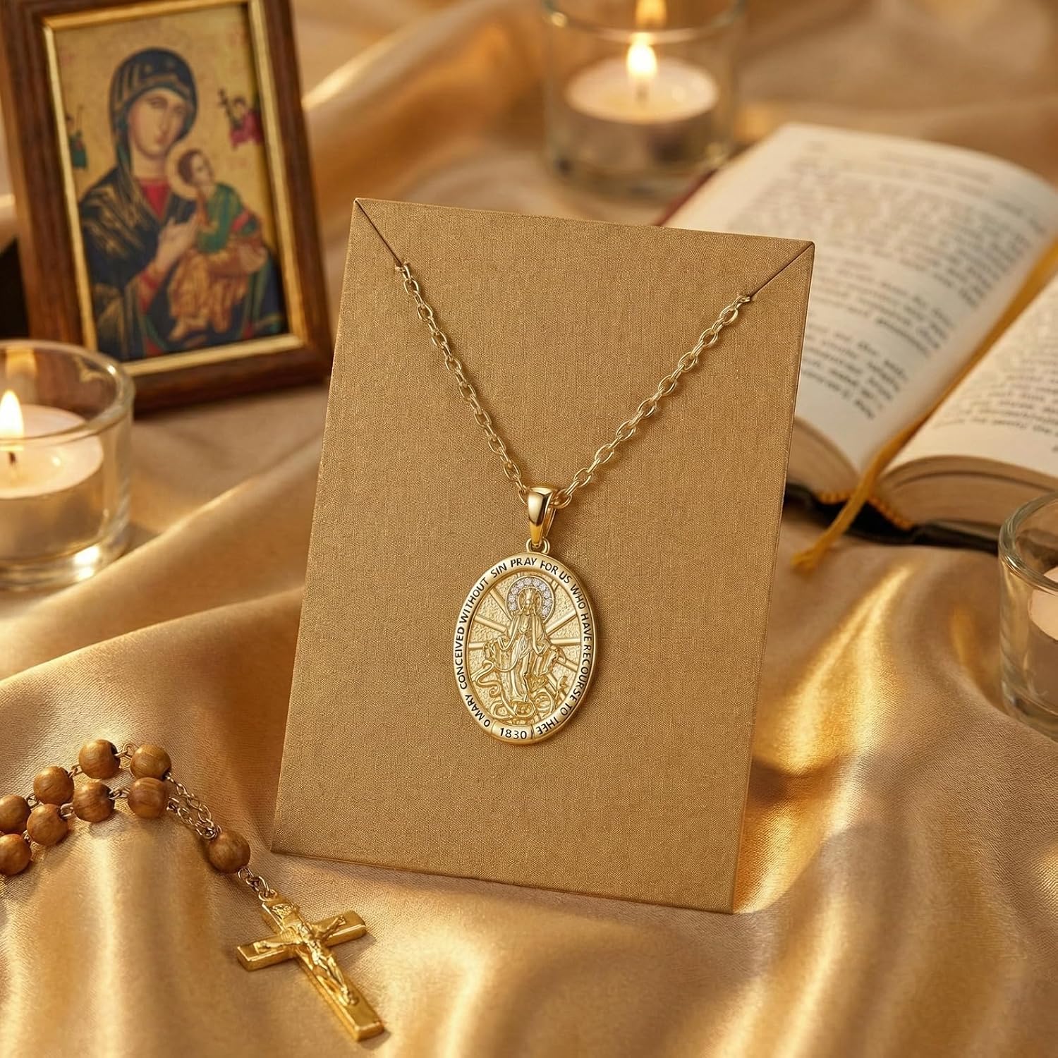 Miraculous Medal Necklace, 14K Gold Virgin Mary Pendant Protection Jewelry, Medalla Milagrosa Catolica Necklace Catholic Gifts for Women