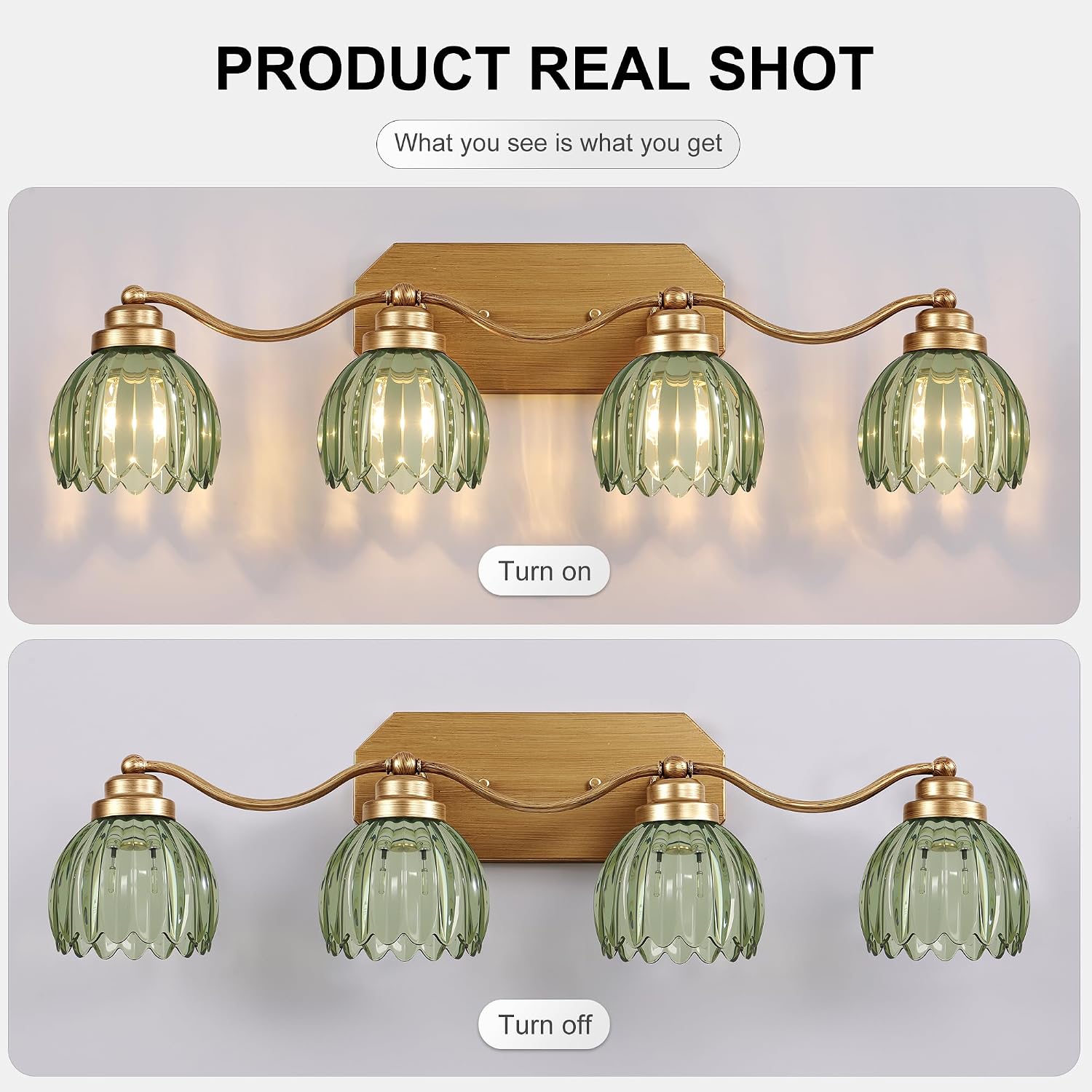 VbiTmn Gold Bathroom Light Fixtures, 4 Light Vintage Vanity Lights, Antique Brass Brushed Gold Finish, Crystal Green Glass Shade, Mid Century Wall Sconces for Bedroom, Living Room, Hallway