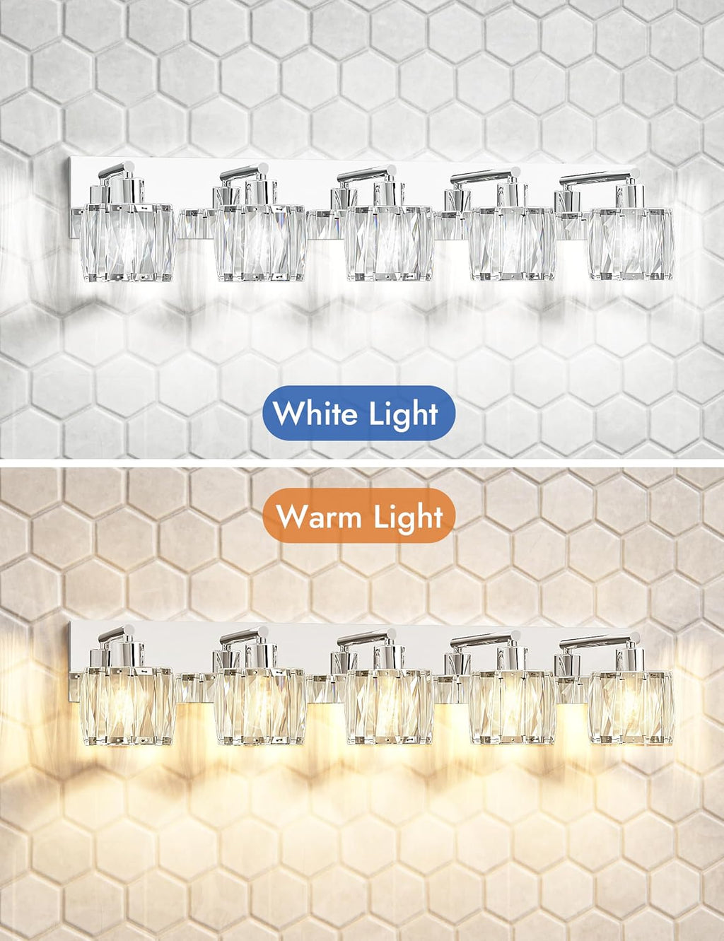 VOLISUN Crystal Vanity Lights for Bathroom, 5 Light Modern Stainless Steel Bathroom Light Fixtures Over Mirror, Chrome with Glass Lampshade - UL Certificated (Exclude Bulb)