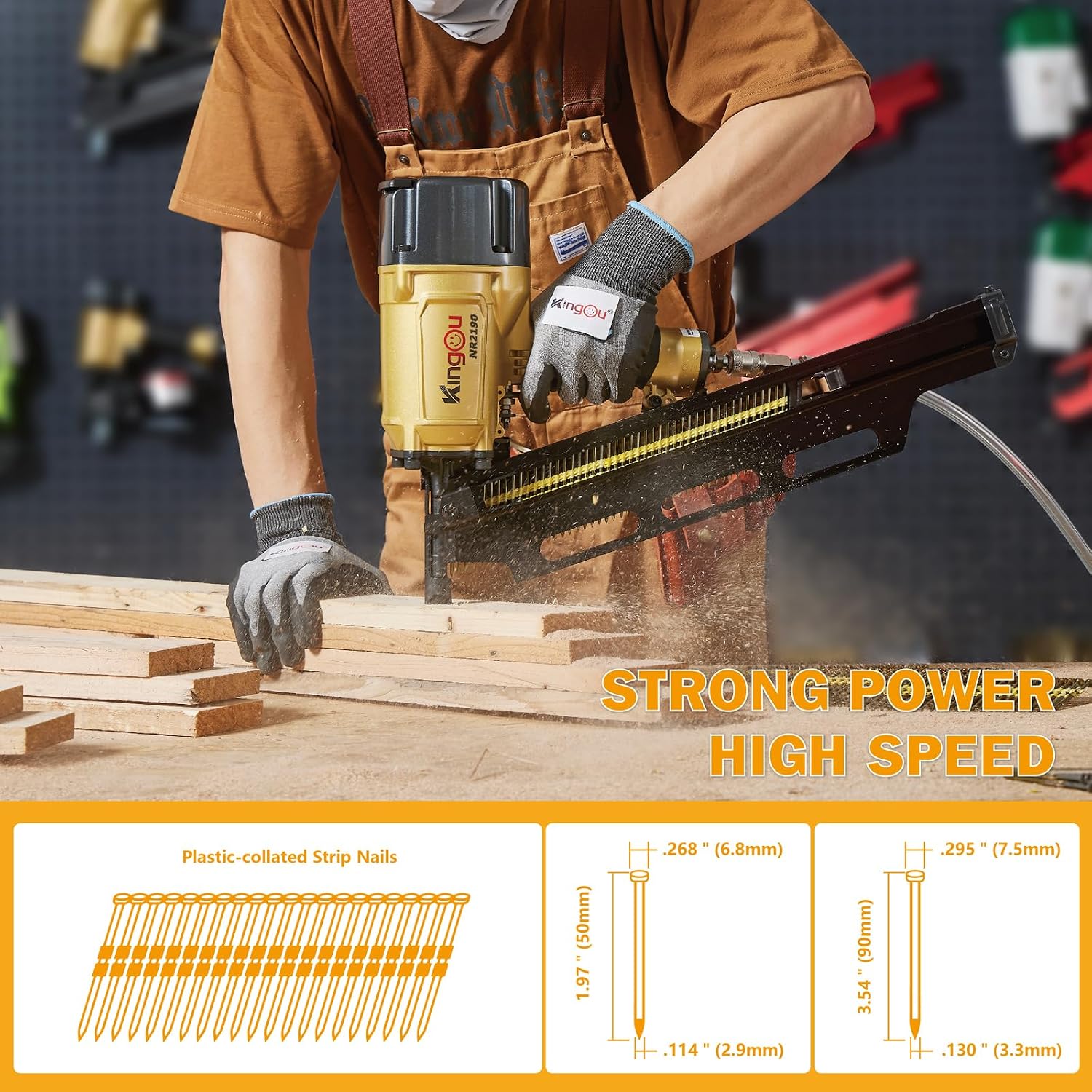 KingOu NR2190 21 Degree Plastic Strip Framing Nailer Aluminum Magazine （ Covers The Functions Of NR2183 Framing Nailer) Can Use 3.5 Inch Length Nails