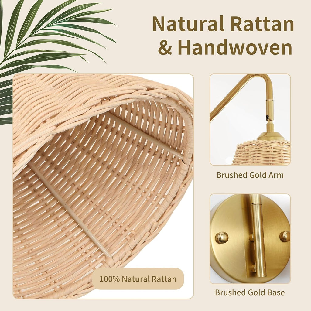 Boho Rattan Rechargeable Wall Sconce,Gold Swing Arm Wall Sconces Set of 2 Battery Operated,4200mAh Battery Operated Wall Sconce,Dimmable Remote Rechargeable Wall Lights for Bedroom,Living Room