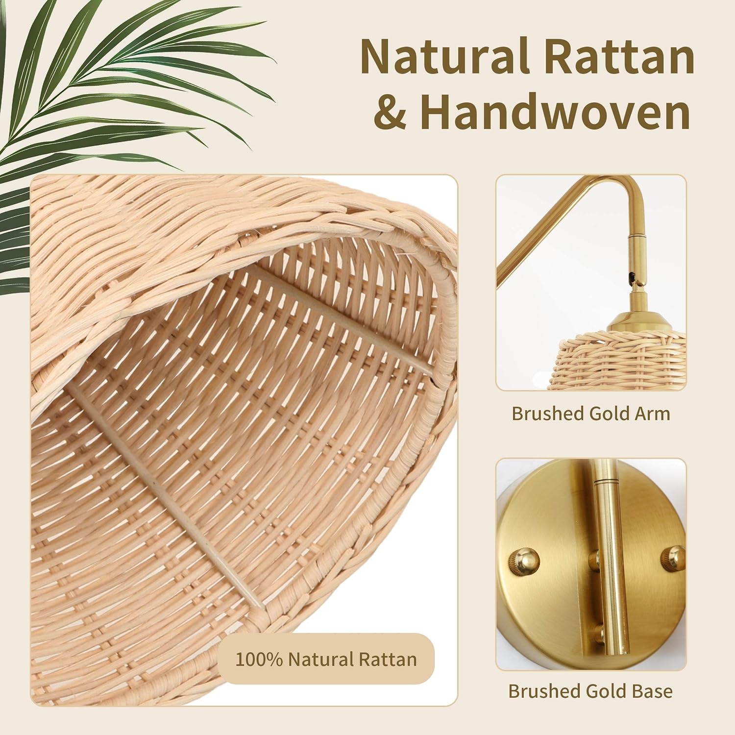 Boho Rattan Rechargeable Wall Sconce,Gold Swing Arm Wall Sconces Set of 2 Battery Operated,4200mAh Battery Operated Wall Sconce,Dimmable Remote Rechargeable Wall Lights for Bedroom,Living Room