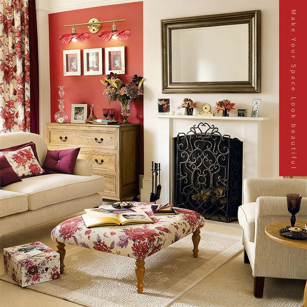 2-Light Red Floral Wall Sconce Mid Century Antique Gold Bathroom Vanity Light with Metal Base, Wall Lighting Fixture Over Mirror for Living Room Bedroom Hallway