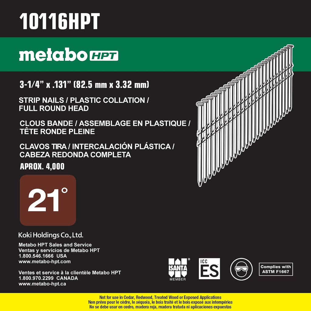 Metabo HPT Framing Nails | 3-1/4 In. x .131 | 21 Degree | Smooth Shank | Full Round Head | Electro Galvanized | Plastic Strip | 4,000 Count | 10116HPT
