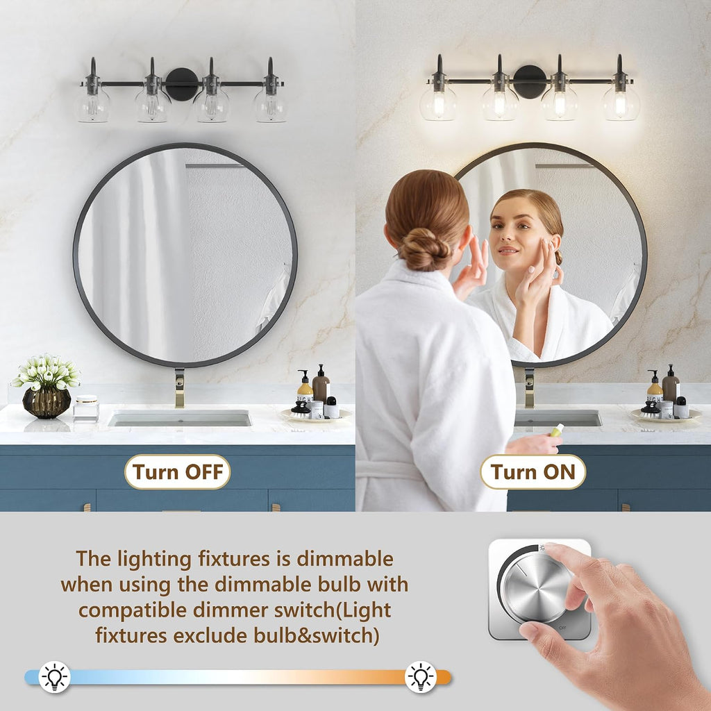 Matte Black Bathroom Vanity Light Fixtures, 4 Light Vanity Lighting Fixtures with Clear Glass Shade, E26 Base, UL Certification (Exclude Bulb)