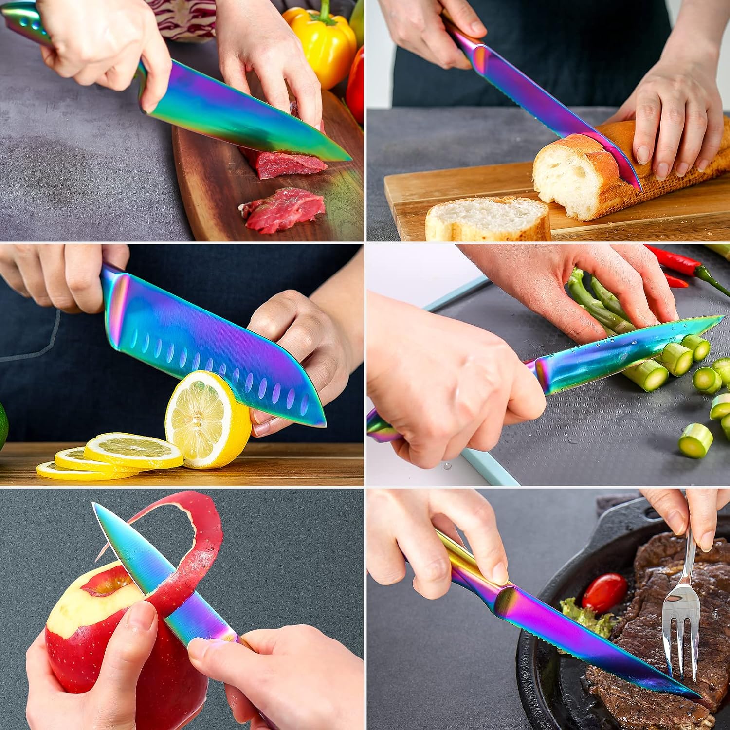 WELLSTAR Rainbow Knife Set 14 Pieces, Iridescent German Stainless Steel Kitchen Knives Set with Wooden Block, Colorful Titanium Coating, Chef's Knife Block Set with Scissors and Built-in Sharpener