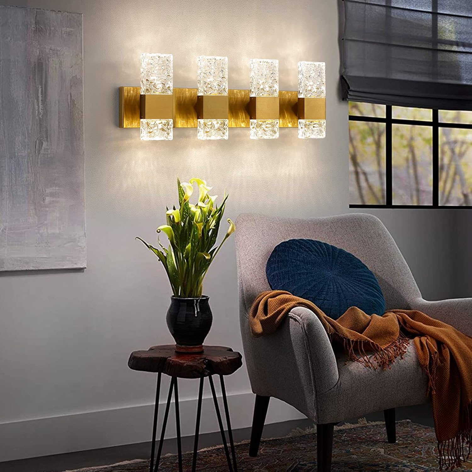 Epinl Gold Bathroom Vanity Light Fixtures - Brushed Gold Vanity Light Bathroom Lighting Fixtures Over Mirror 40W Dimmable Crystal Wall Sconces 4 Light LED Modern Bathrooms Lights 4000K