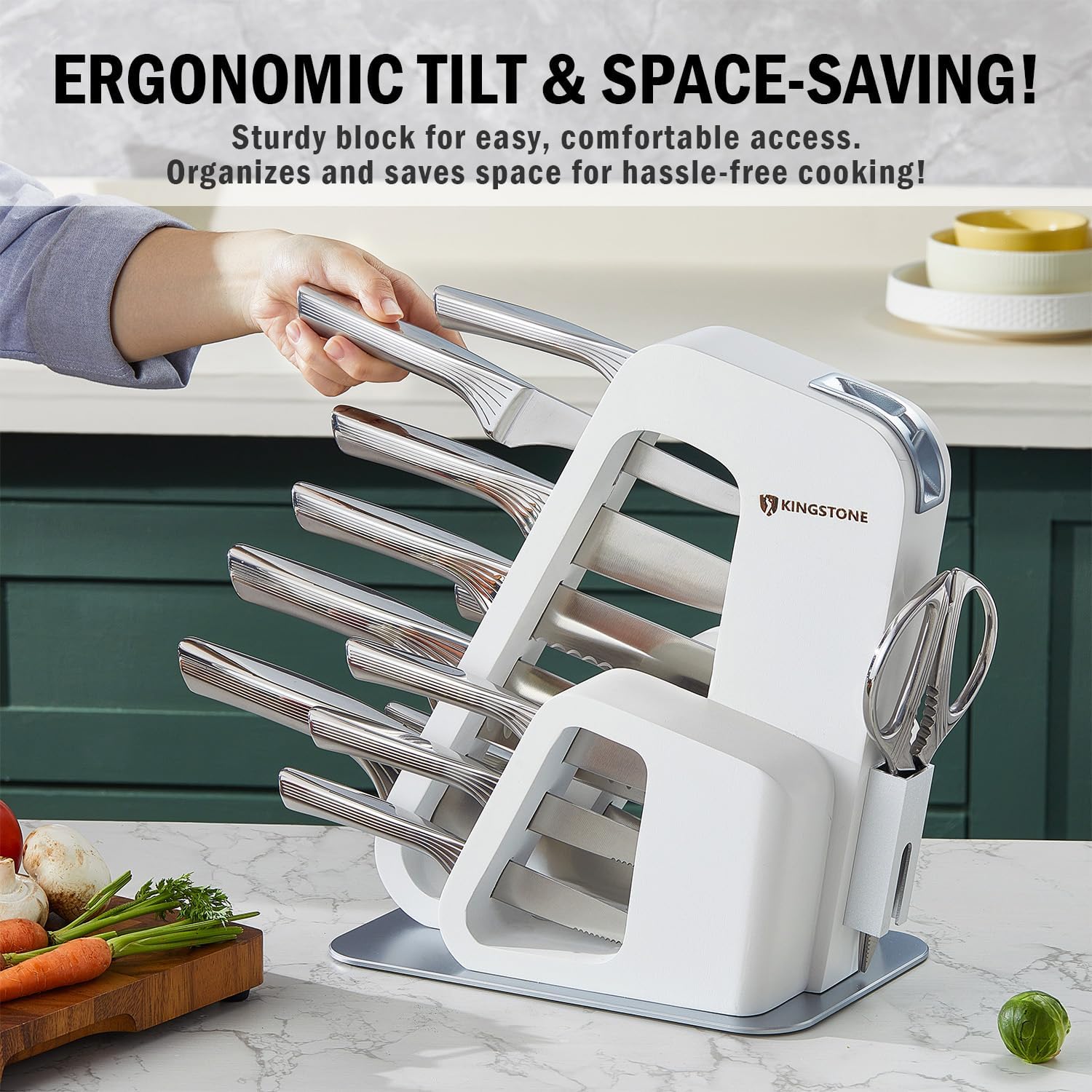 KINGSTONE Kitchen Knife Set with Block,14 Pcs German Stainless Steel Knife Set with Built-in Sharpener, Dishwasher Safe Knife Block Set (White, 14pcs)