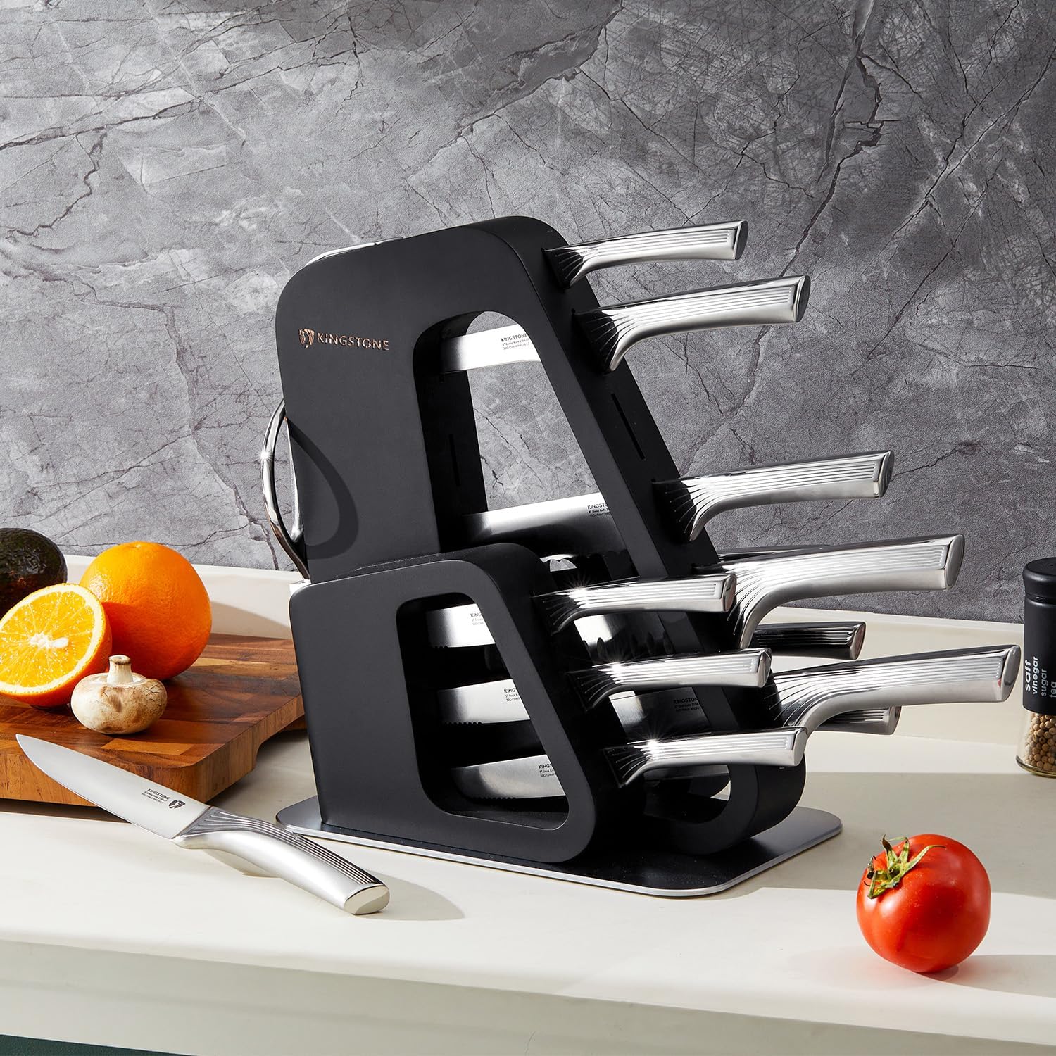 KINGSTONE 14 Pcs Kitchen Knife Set with Block, German Stainless Steel Knife Set with Built-in Sharpener, Dishwasher Safe Knife Block Set (Black, 14pcs)
