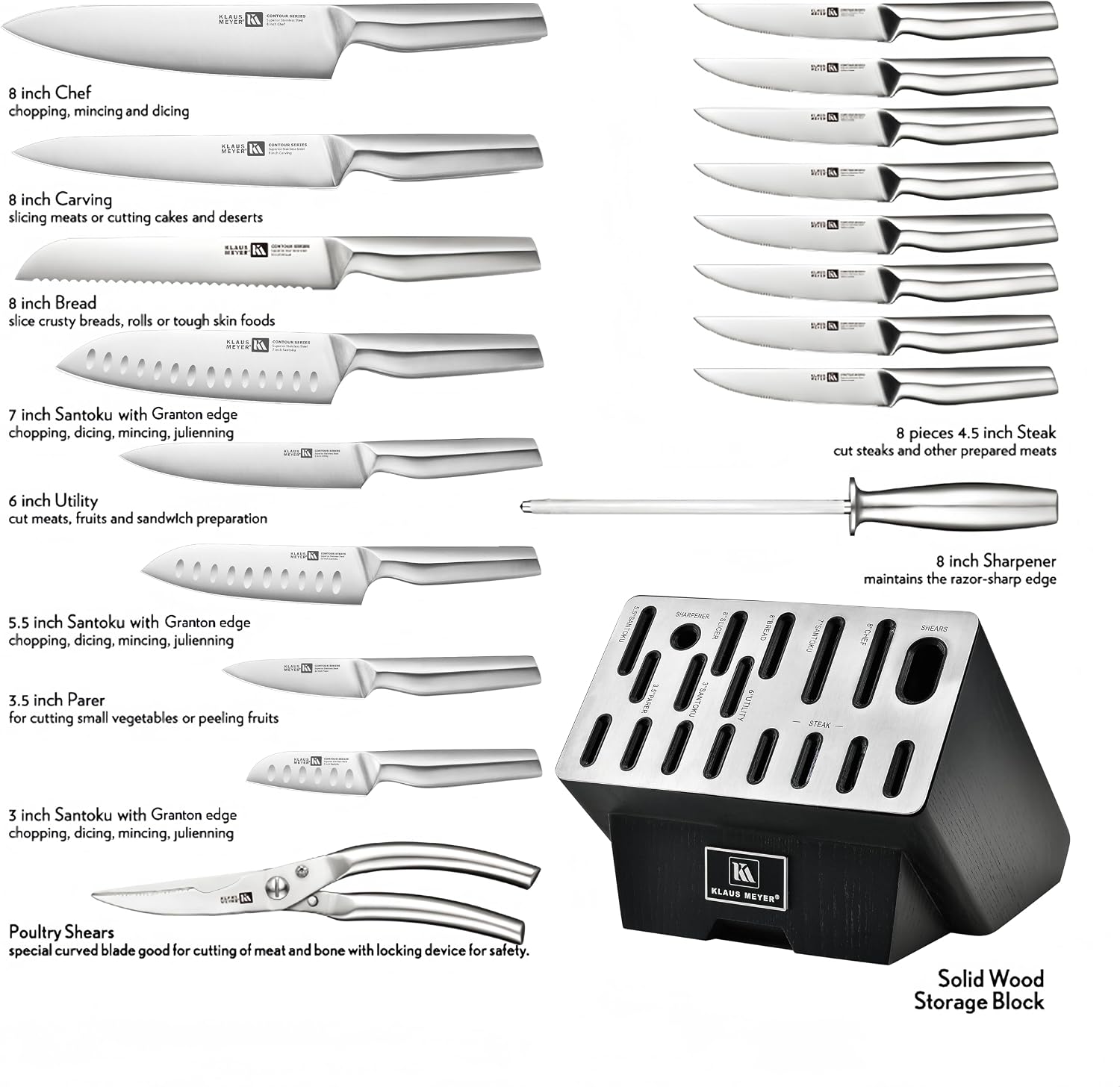 Klaus Meyer 19 Piece Contour High Carbon Stainless Steel Kitchen Knife Set with Knife Sharpener Non-Slip Handles Knife Set with Block