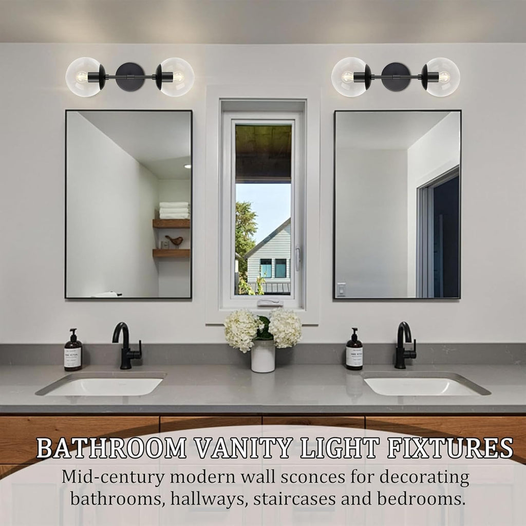 KoKo&Yukina 2 Pack Mid Century Modern Bathroom Vanity Light Matte Black Vanity Lighting Fixtures Modern Wall Sconce 2-Lights Globe Vanity Light with Clear Glass Shade for Bathroom(Bulb Incl.)