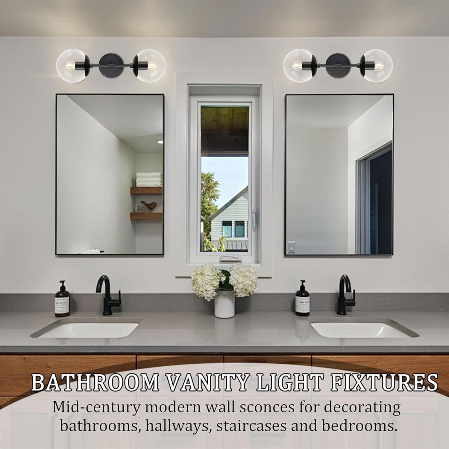 KoKo&Yukina 2 Pack Mid Century Modern Bathroom Vanity Light Matte Black Vanity Lighting Fixtures Modern Wall Sconce 2-Lights Globe Vanity Light with Clear Glass Shade for Bathroom(Bulb Incl.)