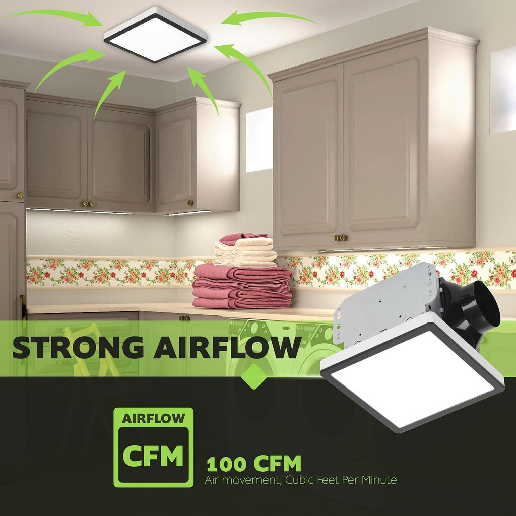 Homewerks 7105-12-MB Bathroom Fan with Light 100-CFM 2 Sones Matte Black Square Ventilation Fan with Dimmable LED Light and Magnetic Trim Ring