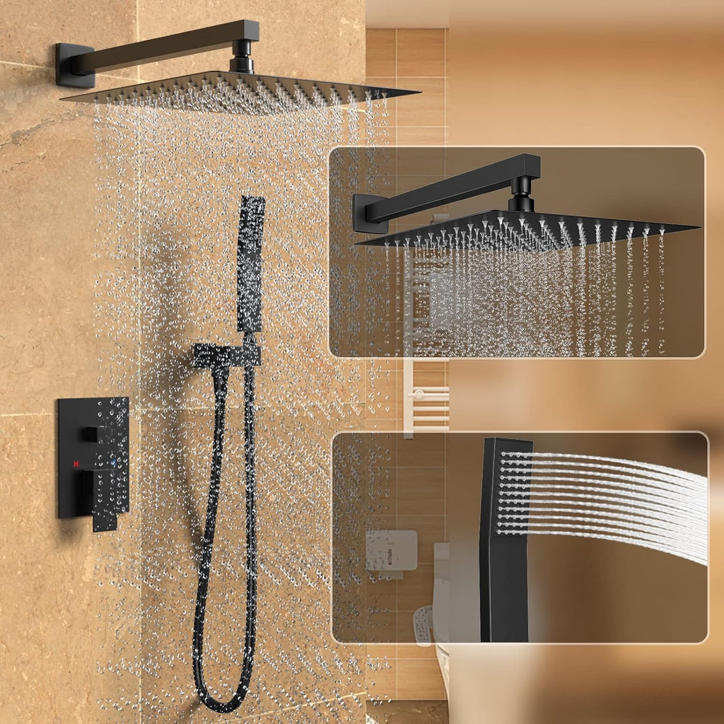 Rain Shower System 12 Inches Shower Head with Handheld Combo Set for Bathroom,High Pressure Rainfall Shower Faucet Set Wall Mounted,Rough-in Valve and Trim Kit(Matte Black)