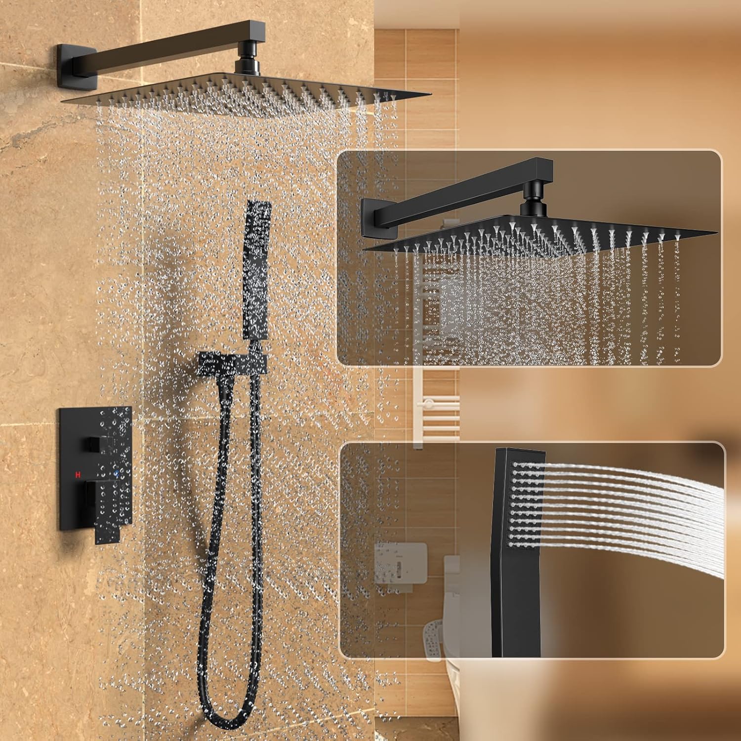Rain Shower System 12 Inches Shower Head with Handheld Combo Set for Bathroom,High Pressure Rainfall Shower Faucet Set Wall Mounted,Rough-in Valve and Trim Kit(Matte Black)