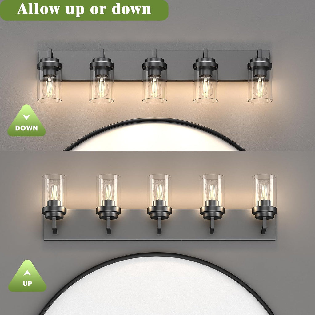 Modern 5-Light Black Bathroom Vanity Light with Clear Glass Shade, 37.4 x 4.7 x 6 inches