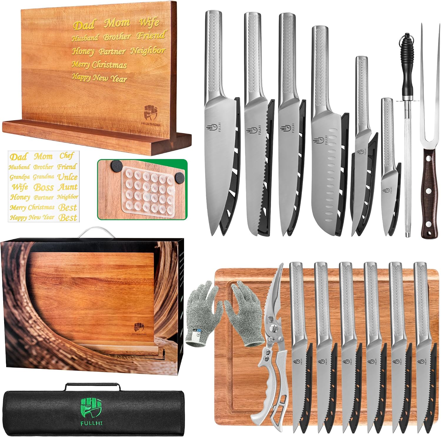FULLHI 19pcs Japanese Knife Set with Magnetic Knife Block Holder, Cutting Board, Meat fork, Kitchen Shears, Roll Bag, Sharpener Rod Premium Stainless Steel Kitchen Steak Knife Set Dishwasher Safe