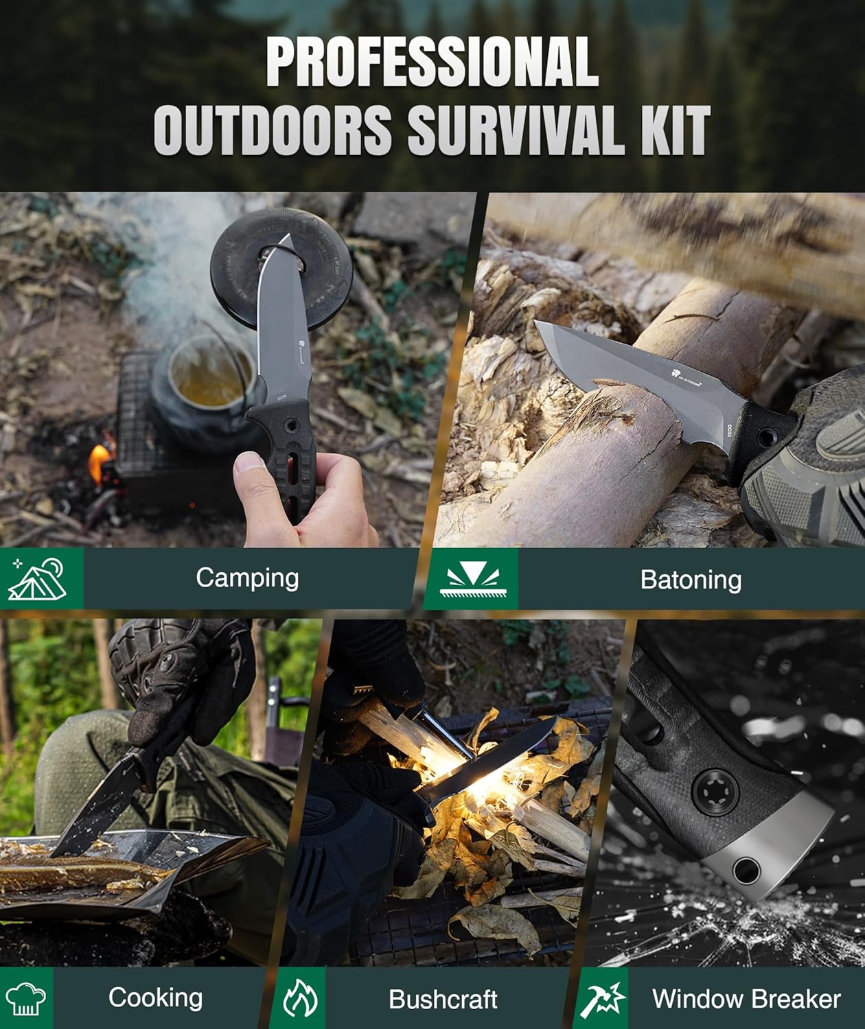 HX OUTDOORS Fixed Blade Camping Knife with Fire Starter, Premium DC53 Steel Full Tang Bushcraft Survival Knife with Kydex Sheath for EDC,Outdoor,Camping,Hiking（Black2