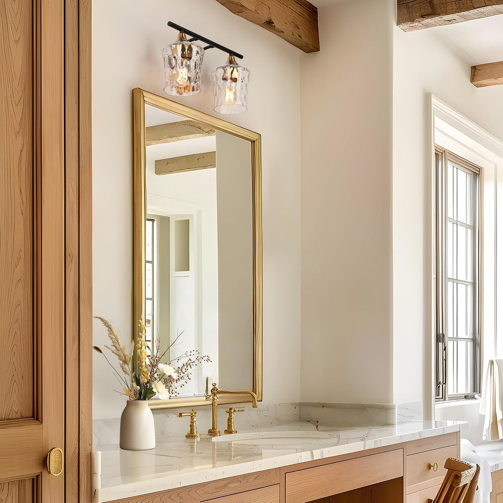 KSANA Bathroom Vanity Lights, 2-Light Black and Electroplated Brass Vanity Light Over Mirror Mid-Century Modern Bathroom Light Fixtures with Textured Glass, 14' L x 6.7' W x 7.3' H
