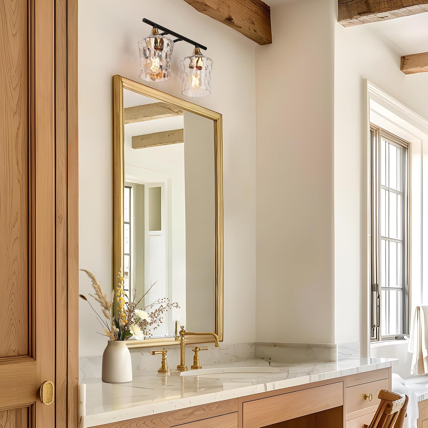 KSANA Bathroom Vanity Lights, 2-Light Black and Electroplated Brass Vanity Light Over Mirror Mid-Century Modern Bathroom Light Fixtures with Textured Glass, 14' L x 6.7' W x 7.3' H