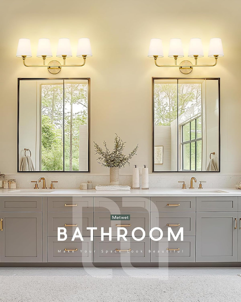 Bathroom Light Fixtures, 4 Light Brushed Gold Vanity Lights with Flared White Fabric Shade, 28 Inch Wall Sconce, Modern Sconces Wall Lighting for Hallway Bedroom, VL837-BG-4