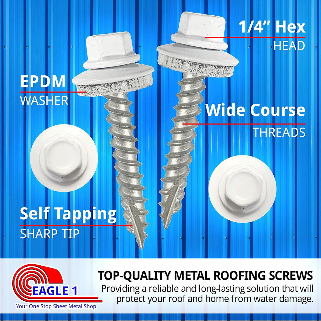 EAGLE 1 Metal Roofing Screws #10 - Painted Hex Head Self-Tapping Screws with EDPM Rubber Washer for Metal to Wood, Vinyl, Small Sheet Metal - Free Magnetic Driver (White, 2 Inch, 1000)