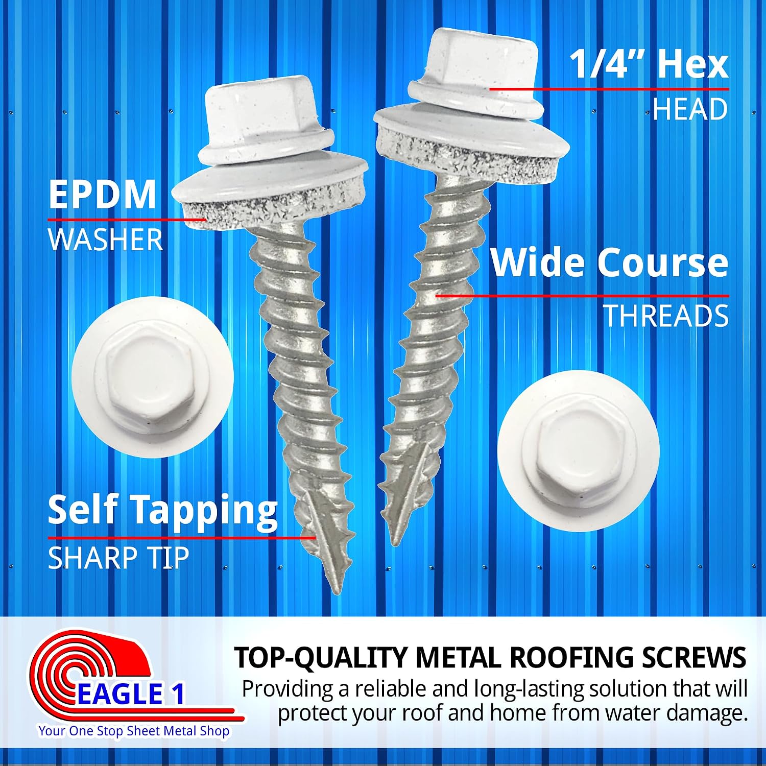 EAGLE 1 Metal Roofing Screws #10 - Painted Hex Head Self-Tapping Screws with EDPM Rubber Washer for Metal to Wood, Vinyl, Small Sheet Metal - Free Magnetic Driver (White, 2 Inch, 1000)
