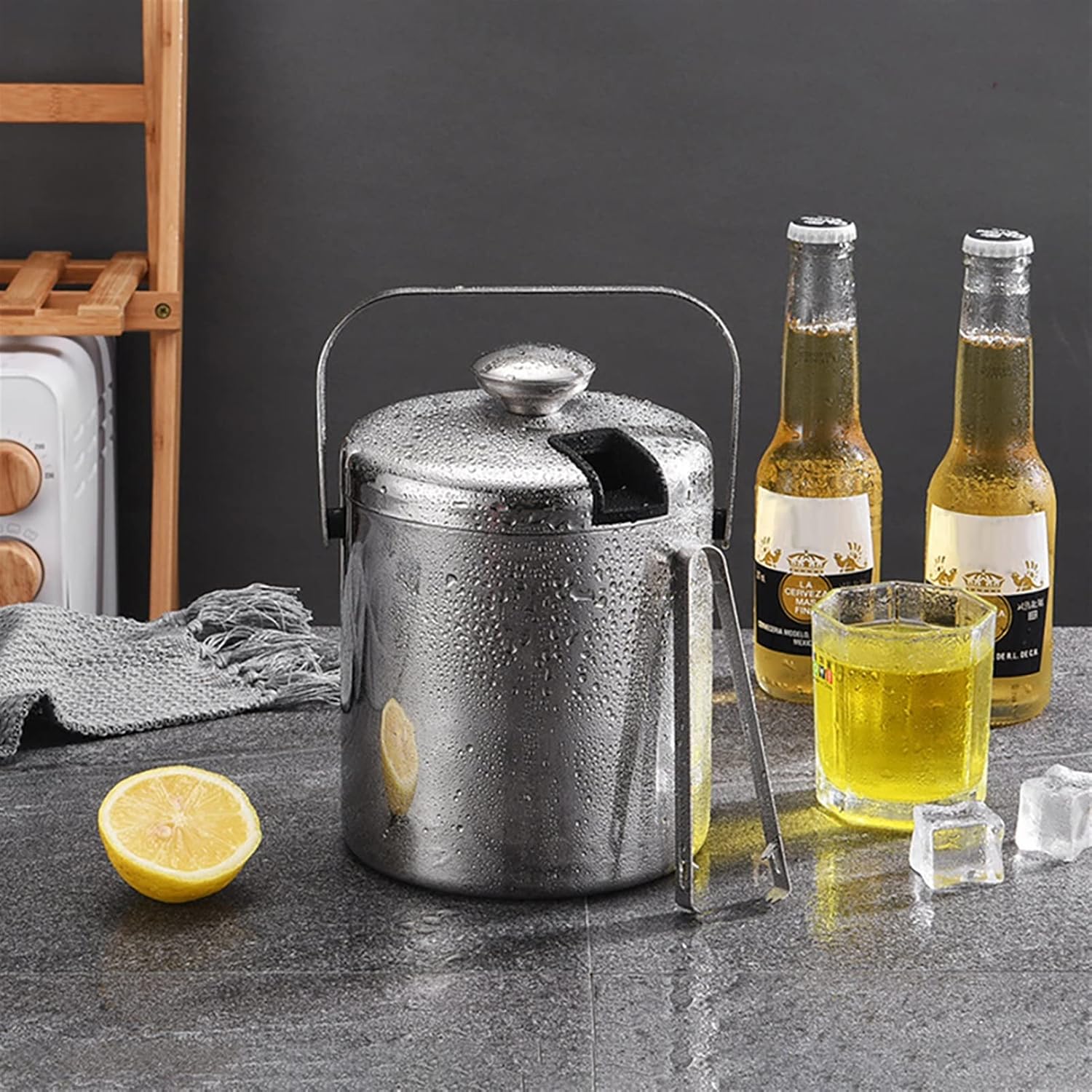 Ice Bucket Champagne Bucket 1.3L Ice Bucket With Lid And Filter Stainless Steel Ice Bucket Double Wall Ice Cube Container Bar Home Ice Bucket Ice Bucket Beverage Tub