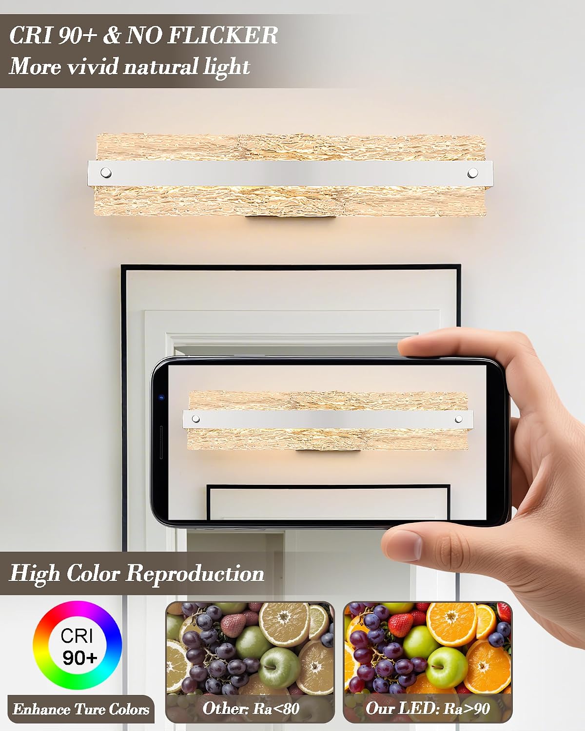 Brushed Nickel LED Bathroom Vanity Light, 24.4 Inch 15W Modern Dimmable Bathroom Light Fixture Over Mirror, Crystal Bar Wall Sconce Lighting for Bath, 3CCT, OS-MM5001-3BN