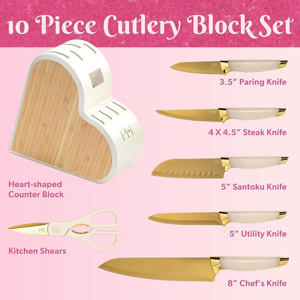 10-Piece Heart Knife Set – Stainless Steel Blades with Acrylic Block for Modern Kitchen Décor (White Iridescent)