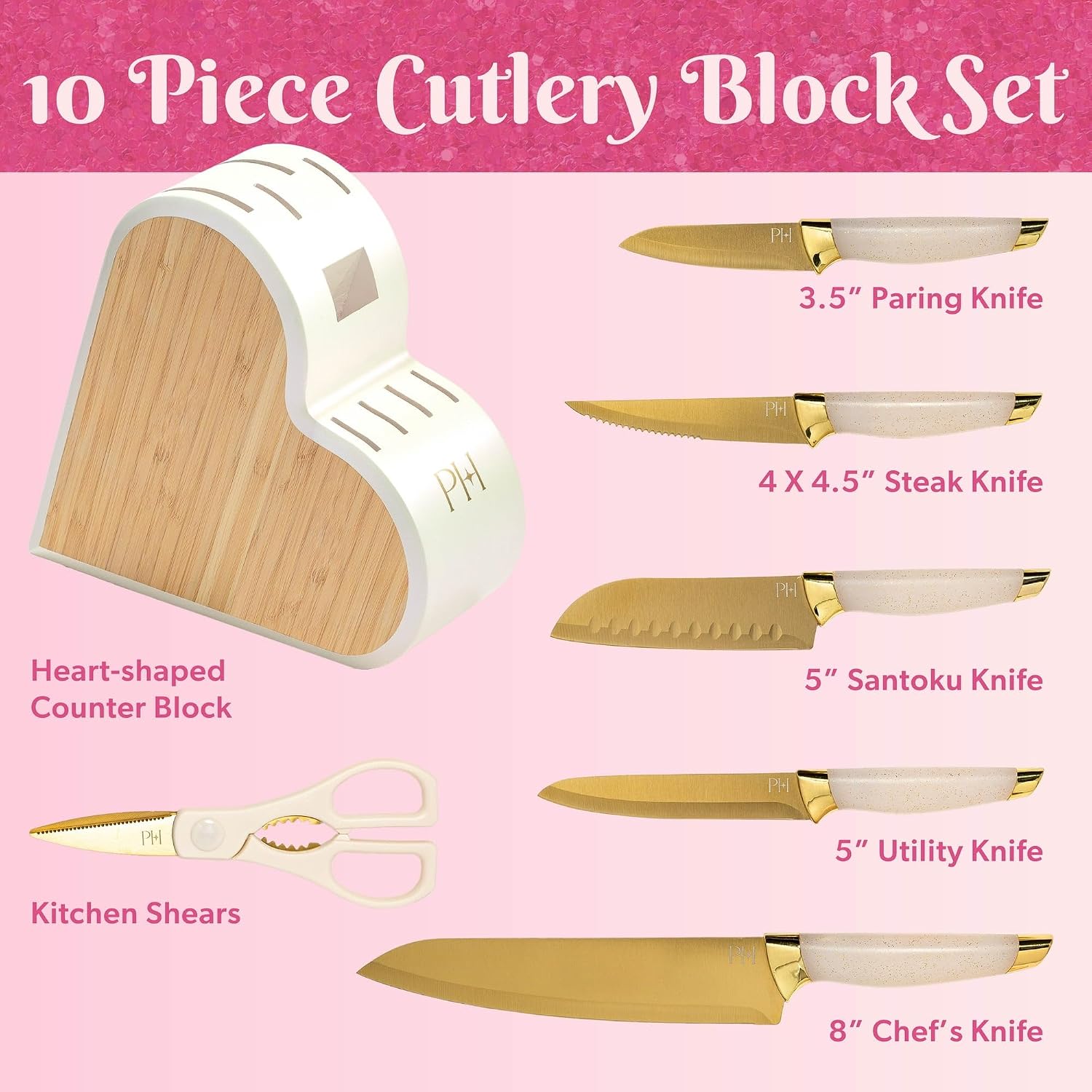 10-Piece Heart Knife Set – Stainless Steel Blades with Acrylic Block for Modern Kitchen Décor (White Iridescent)