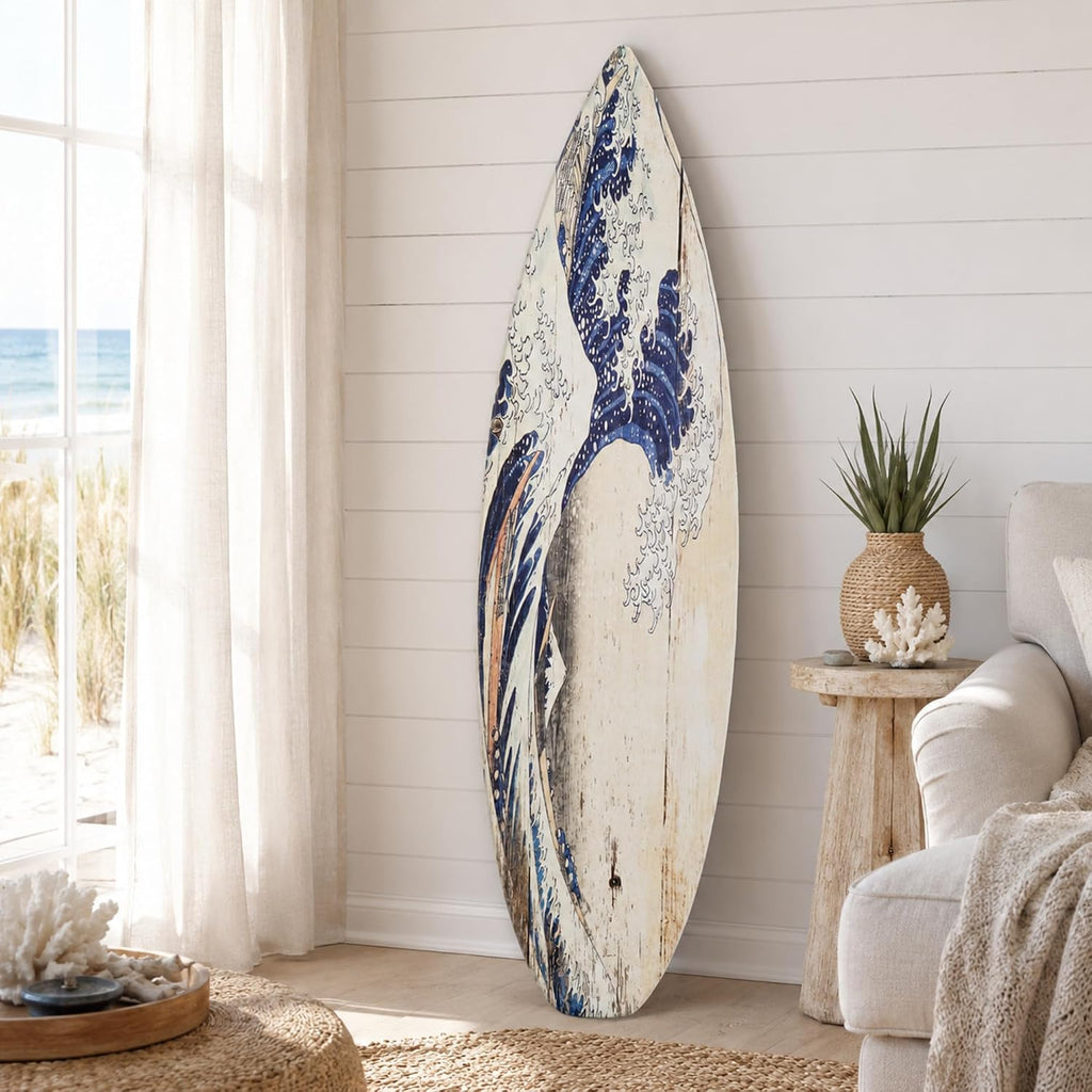 American Art Decor Surfboard Plaque Wall Sign - Beach House Wall Art - Large Tropical/Coastal Home Decor for Living Room, Bedroom, Bathroom, Patio, or Bar (The Great Wave off Kanagawa Wood, 60'x15')
