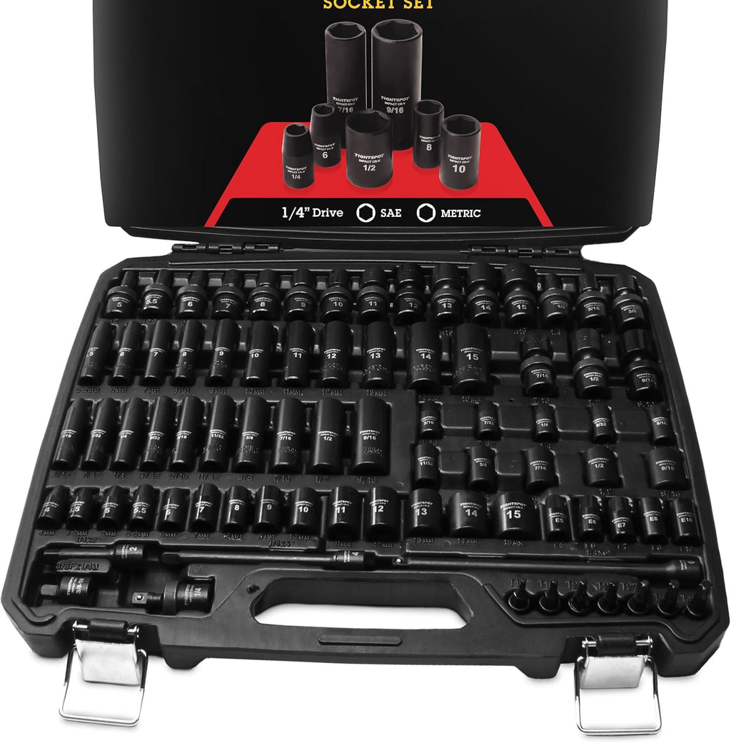 TIGHTSPOT 1/4' Drive 80pc Impact Socket MASTER SET, our Most Complete Set Ever with SAE & Metric from 3/16 Inch - 9/16 Inch, 4mm - 15mm, Standard/Deep/Universal & Torx & Inverted Torx Sockets & More