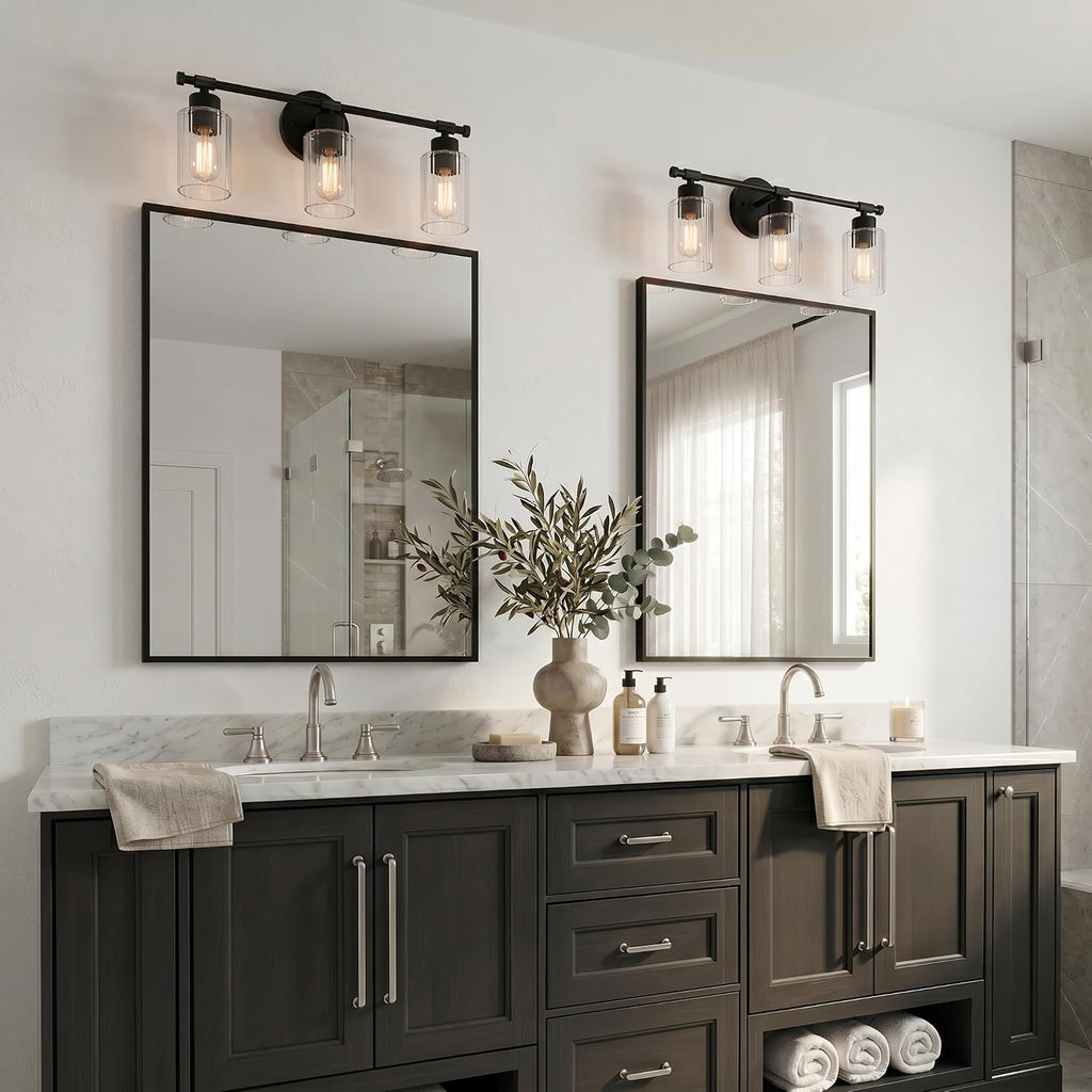 Quoizel Caputo Bath Vanity Lights, 24 Inch 3-Light Matte Black Lighting Fixtures Over Mirror, Clear Ribbed Glass, 100W, Modern Industrial Wall Mount Light for Bathroom, Dresser or Sink
