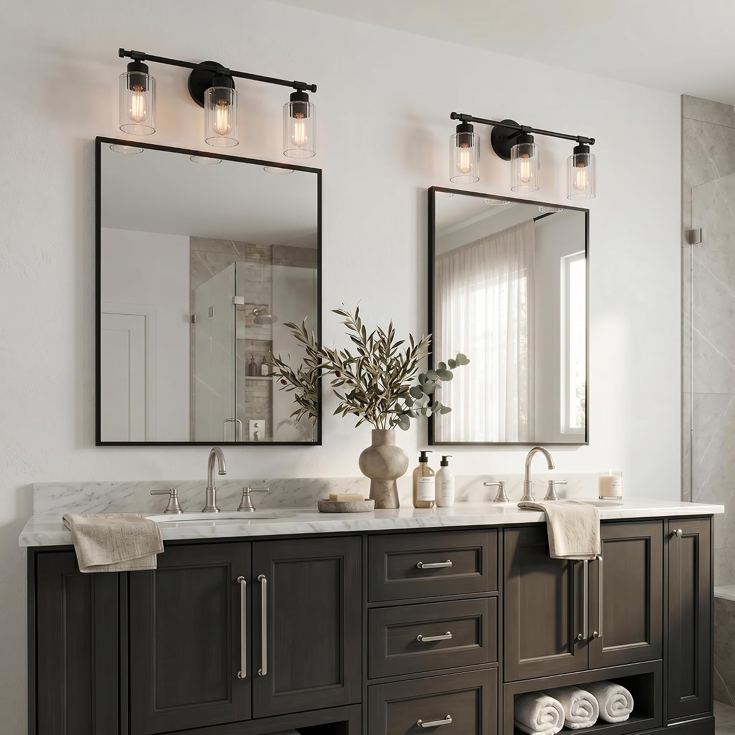 Quoizel Caputo Bath Vanity Lights, 24 Inch 3-Light Matte Black Lighting Fixtures Over Mirror, Clear Ribbed Glass, 100W, Modern Industrial Wall Mount Light for Bathroom, Dresser or Sink