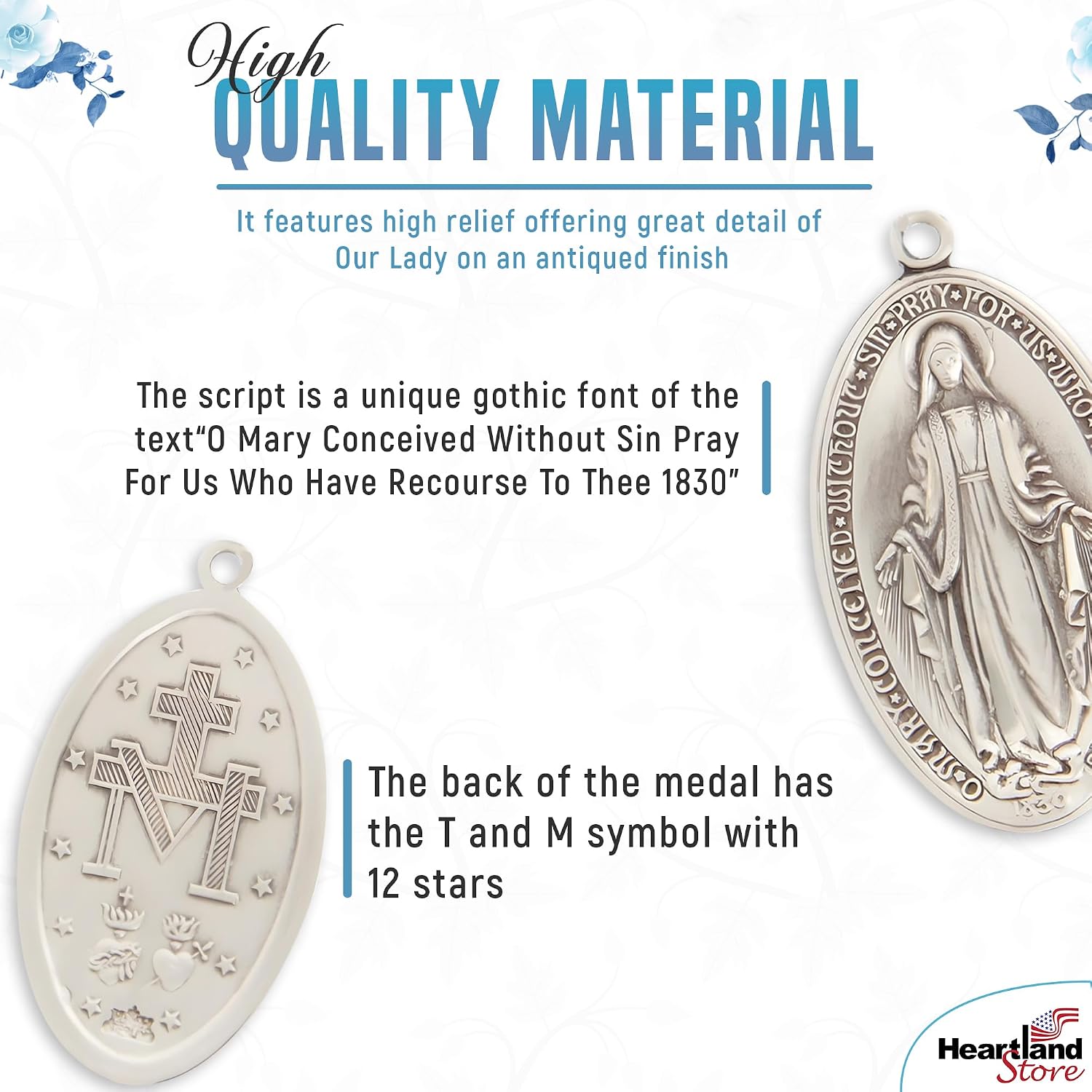 Heartland Store Oval Sterling Silver Miraculous Medal Necklace for Men–Tarnish Resistant, Hand-Finished in USA, Thoughtful Religious Present for Holidays & Special Occasions with Various Chain Sizes