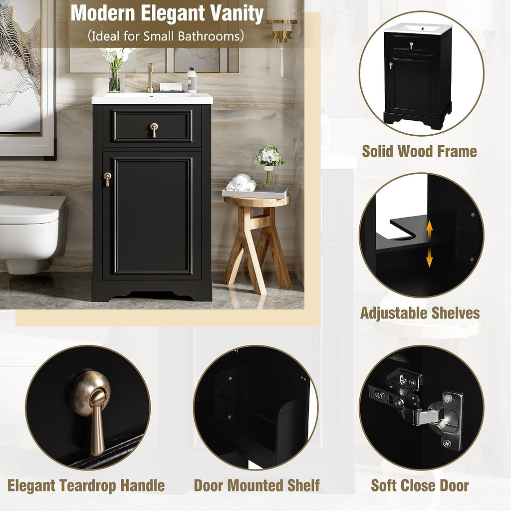 20' Bathroom Vanity with Sink, Harper & Bright Designs Free Standing Single Basin Vanity Set with Soft Close Door & Adjustable Shelf, Solid Wood Bathroom Cabinet with Ceramic Basin for Bathroom, Black