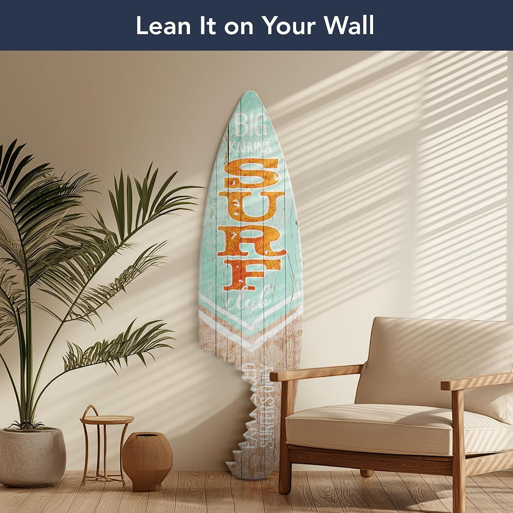 American Art Decor Big Kahuna Surf Club Experienced Surfers Only Shark Bite Surfboard Wall Art Plaque Hawaiian Island Beach Themed Decor Sign for Tiki Bar, Living Room, Garage, Man Cave 60'x15'