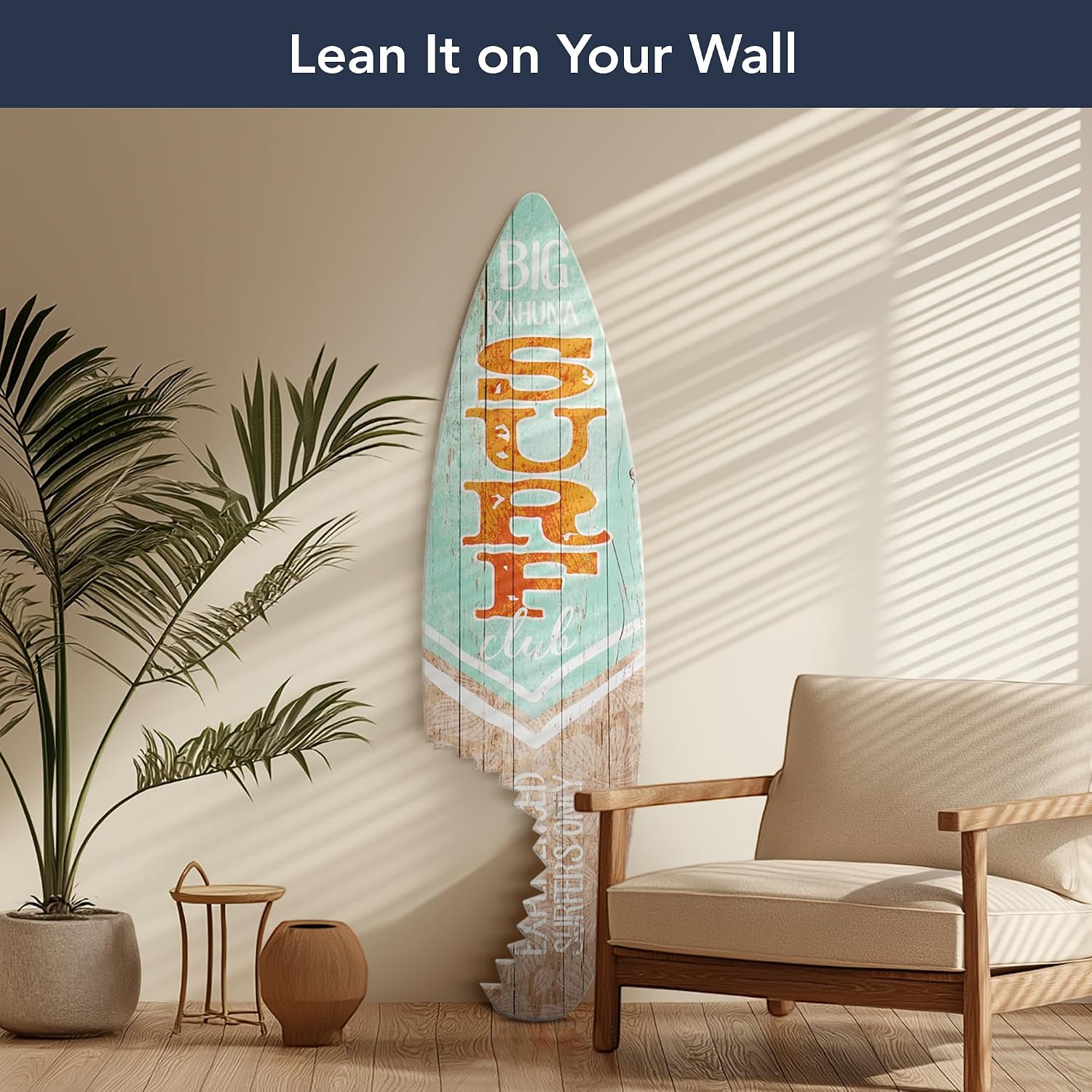 American Art Decor Big Kahuna Surf Club Experienced Surfers Only Shark Bite Surfboard Wall Art Plaque Hawaiian Island Beach Themed Decor Sign for Tiki Bar, Living Room, Garage, Man Cave 60'x15'