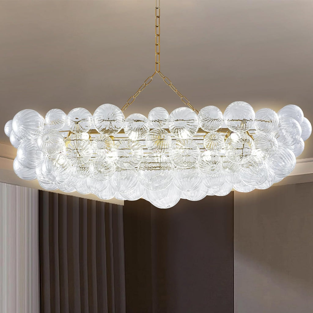 Luxury Bubble Glass Chandeliers Clear Ribbed Swirled Blown Glass Ball 50' L Rectangular Island Light Fixture Hanging Pendant Light Fixtures for Living Room Restaurant Dining Table