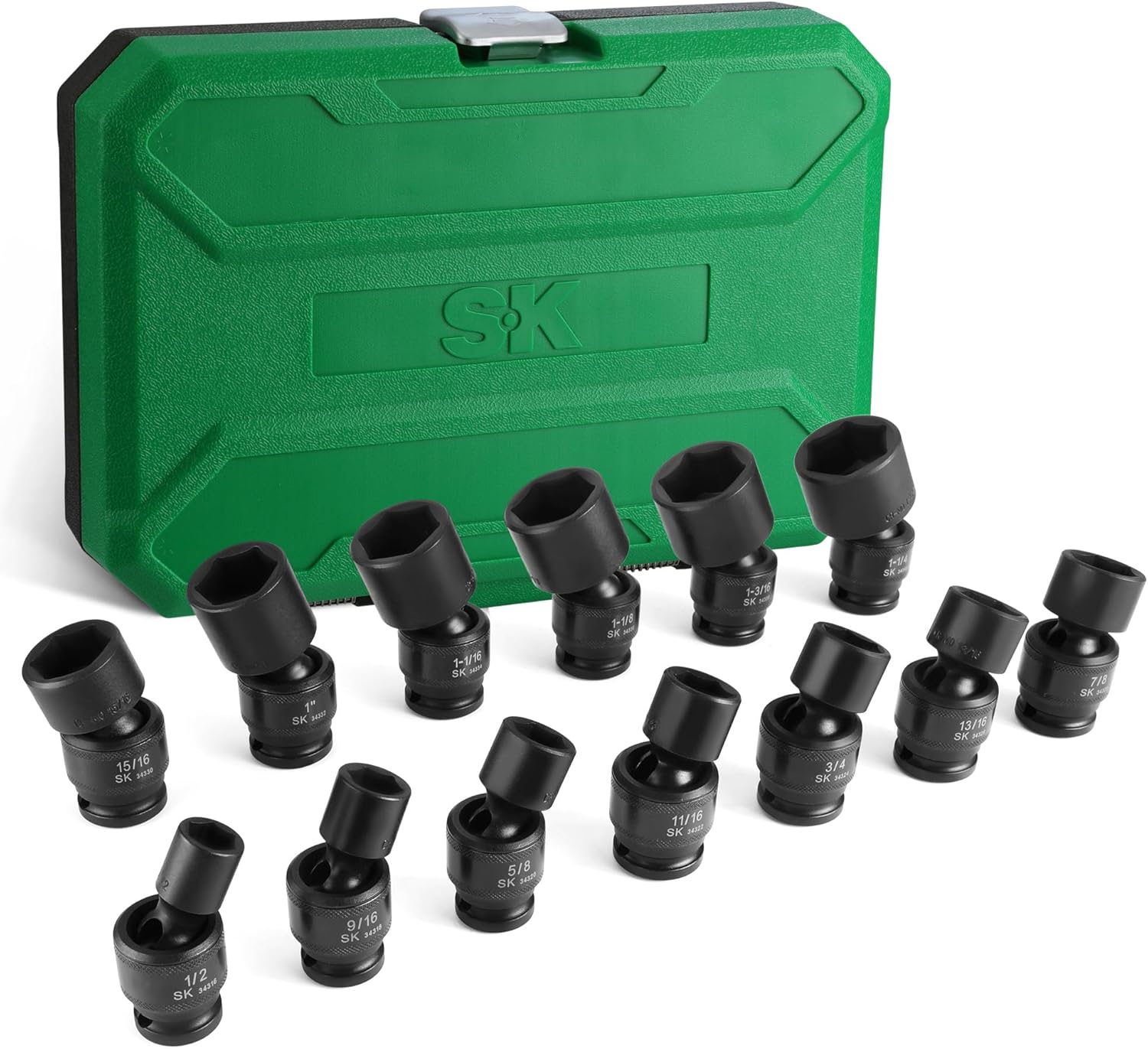SK 1/2' Drive Universal Swivel Impact Socket Set, SAE Socket Set, 13-Piece, Premium CR-MO Steel, SureGrip 6 Point Design, with Storage Case