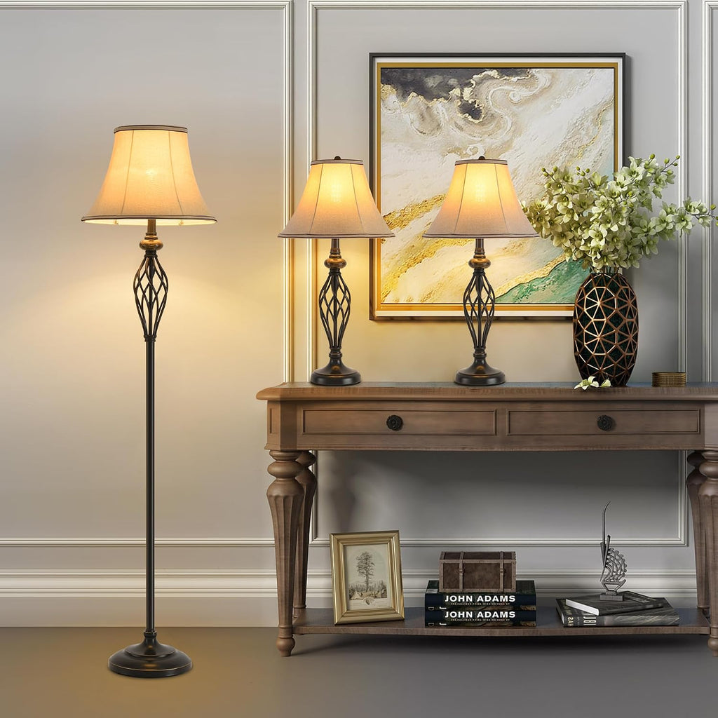 3 Pack Lamp Set, Living Room Lamp Set of 3, Floor and Table Lamp Set in Bronze Finish with Vintage Brown Fabric Shades for Bedroom Reading Family, Solid Iron