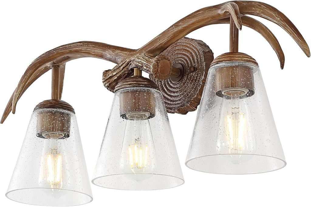 JONATHAN Y 25.5' Brown Wood Finish 3-Light Resin Faux Antler LED Vanity Light, Southwestern Bohemian Wall Sconce with Seeded Glass Shades, UL Listed, LED Bulbs Included JYL6309A