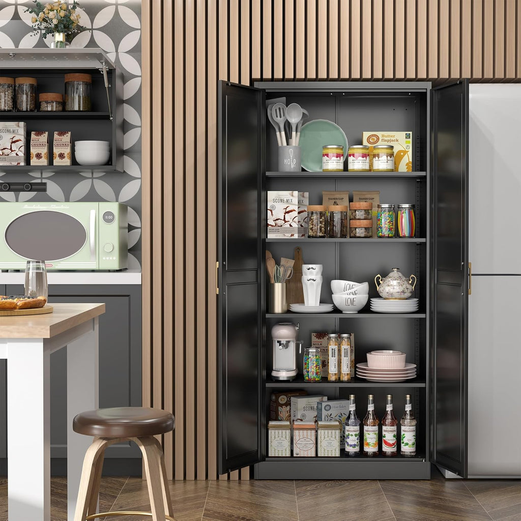SteeLoong Kitchen Pantry Cabinet,71'Black Metal Pantry Storage Cabinet with Doors and 4 Adjustable Shelves,Kitchen Cabinet with 2 Gold Handles,Tall Cabinet for Livingroom,Pantry, Bathroom
