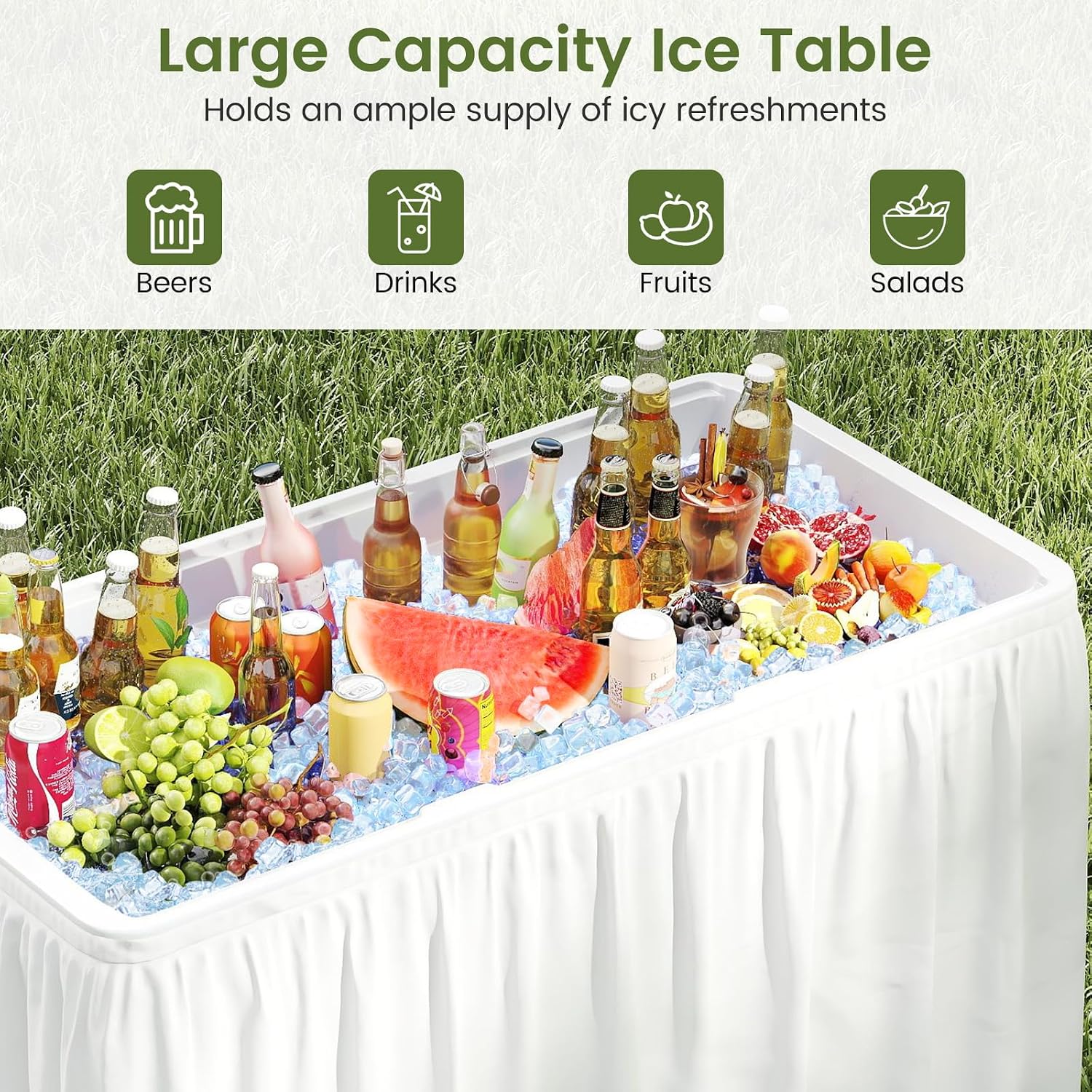 KOTEK Folding Ice Cooler Table, 4 FT Portable Ice Table with Drain, Matching Skirt & Foldable Bucket, Buffet Beverage Server for Party, Picnic, Camping