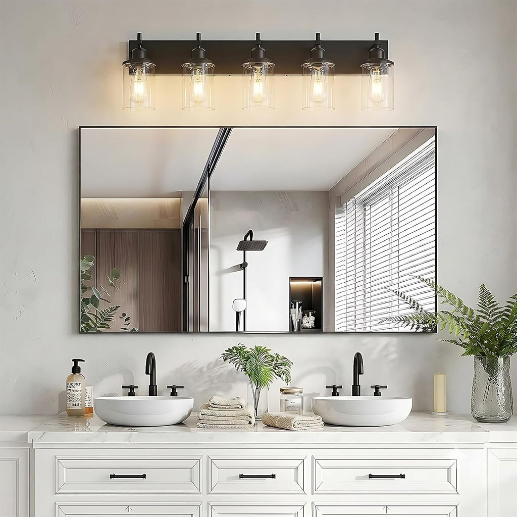 Lanhall 5-Light Black Bathroom Light Fixture Over Mirror Modern Farmhouse Bathroom Vanity Light Vintage Wall Lighting with Clear Glass Shade for Bathroom, Bedroom, Hallway, Cabinet
